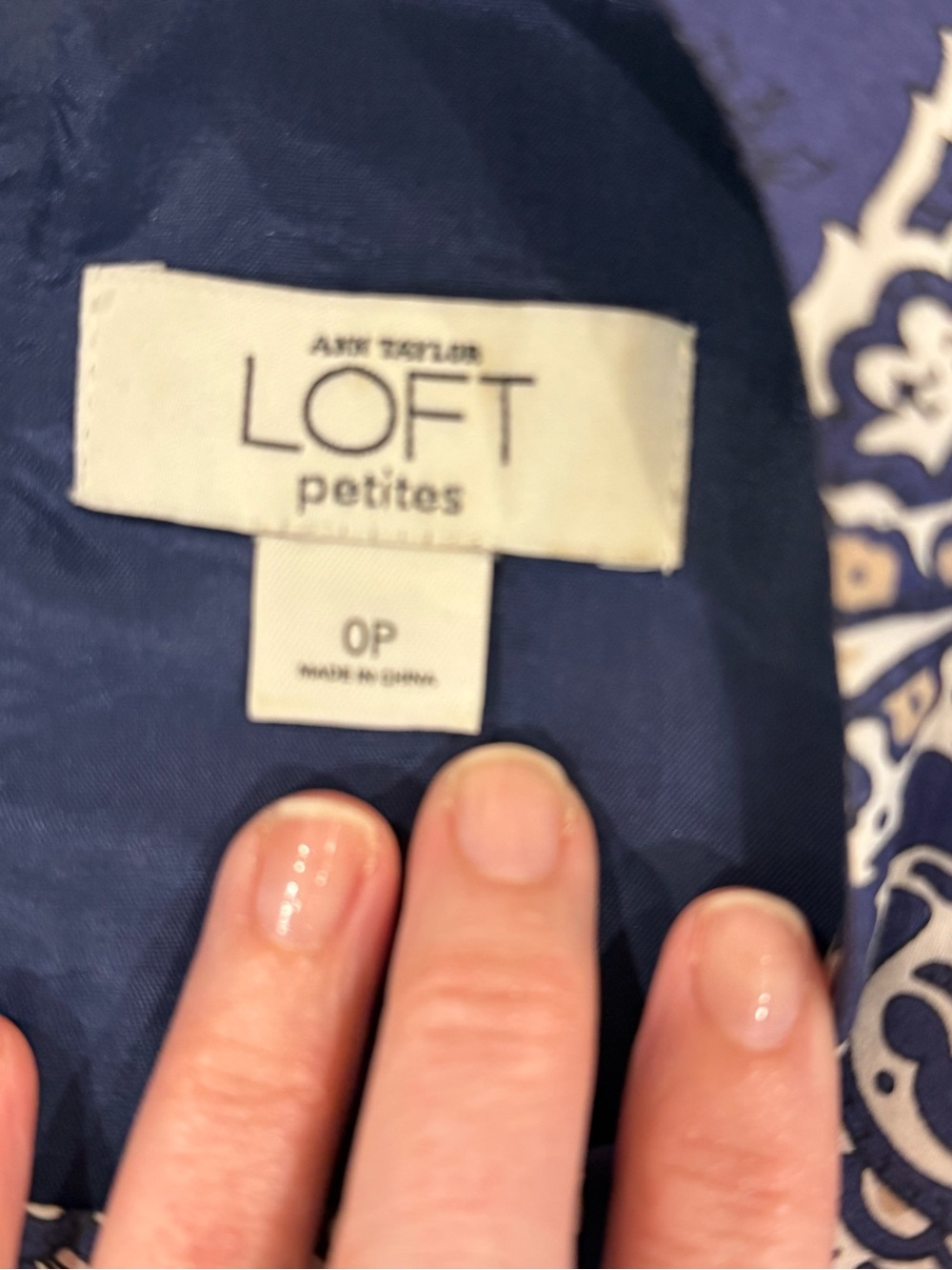 LOFT Petites Paisley Shift Dress 0P Navy Blue Beige Sleeveless Lined - Picture 6 of 8